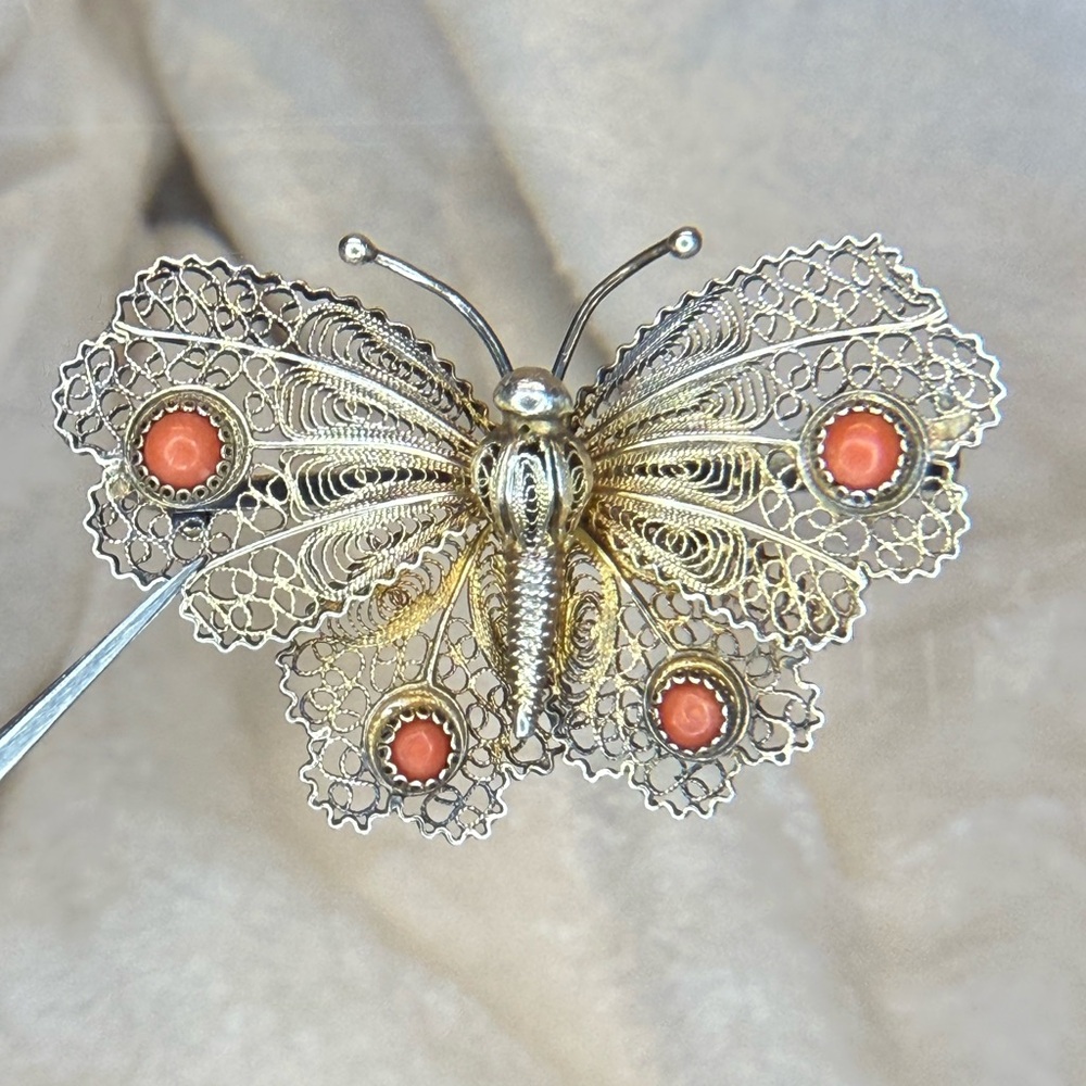 Antique Signed Sterling Silver 800 Filigree Butterfly Coral/Carnelian Brooch EUC - Picture 13 of 16